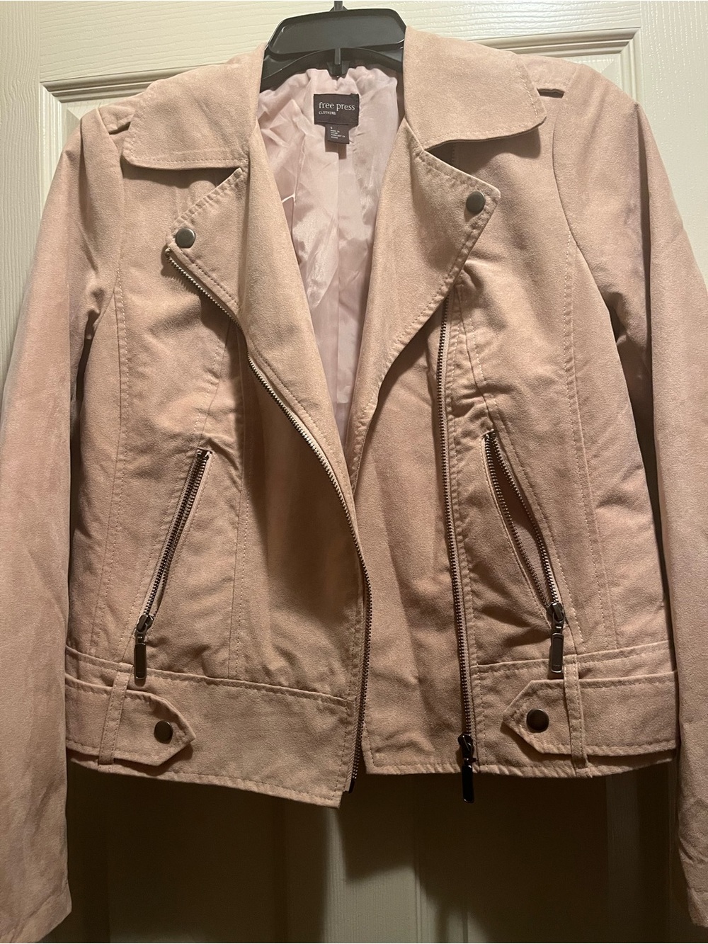 free press pale blush suede-look moto jacket